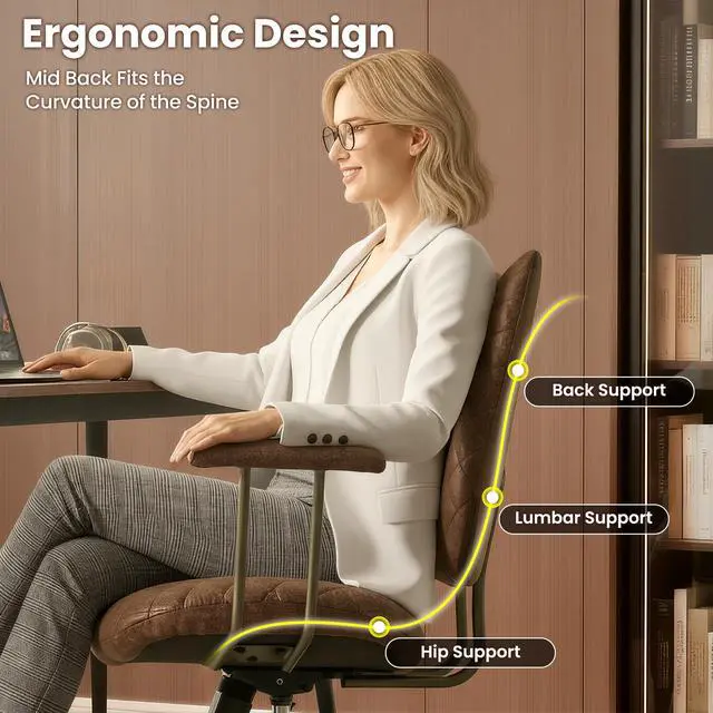 Alt view image 3 of 6 - Home Office Chair Ergonomic Mid-Century Modern Faux Suede Leather Chairs, Comfy Deep Seat Adjustable Height Rolling Swivel Executive Computer Task Armchair, Dark Brown