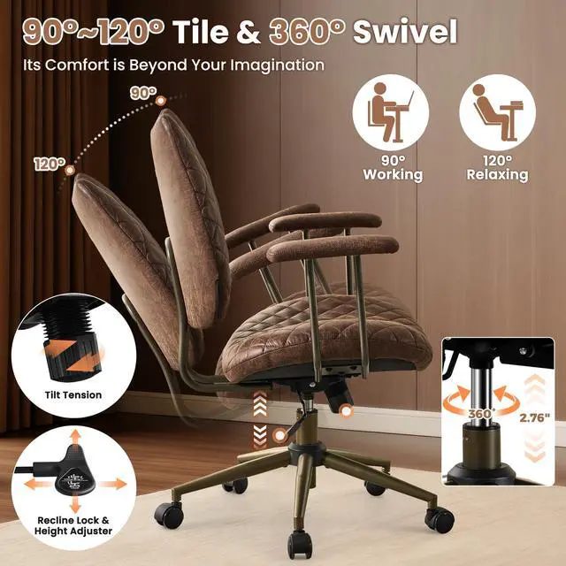 Alt view image 4 of 6 - Home Office Chair Ergonomic Mid-Century Modern Faux Suede Leather Chairs, Comfy Deep Seat Adjustable Height Rolling Swivel Executive Computer Task Armchair, Dark Brown