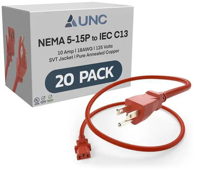 Main image of 20 Pack 6ft (1.8m) Power Cord NEMA 5-15P to IEC C13 10Amp 18AWG 125V SVT Jacket 515P-C13 PDU PC Cable Monitor UL Listed, Red, 6 Foot