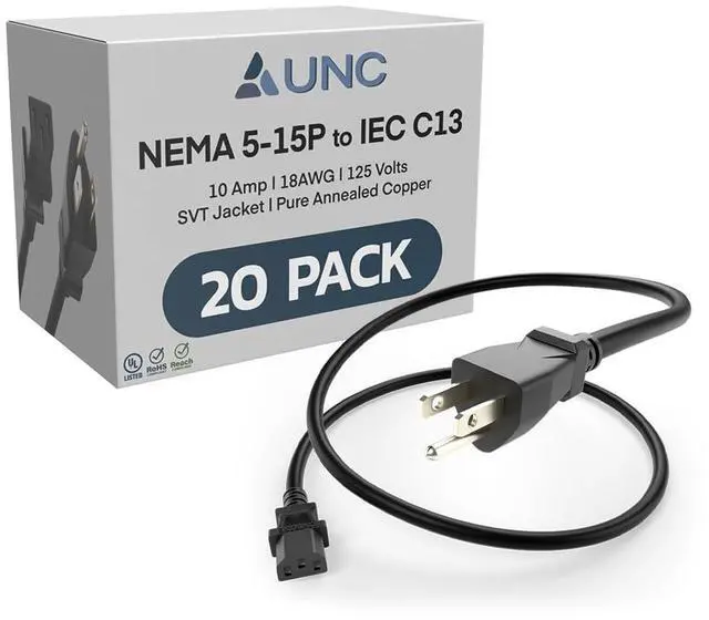 Main image of 20 Pack 6ft (1.8m) Power Cord NEMA 5-15P to IEC C13 10Amp 18AWG 125V SVT Jacket 515P-C13 PDU PC Cable Monitor UL Listed, Black, 6 Foot
