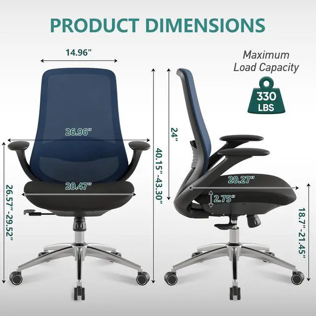 Alt view image 2 of 6 - Ergonomic Mesh Office Chair, 330LBS Executive Desk Chair with Lumbar Support, 2D Armrests, Comfy Swivel Computer Task Chairs for Long Hours (Blue)