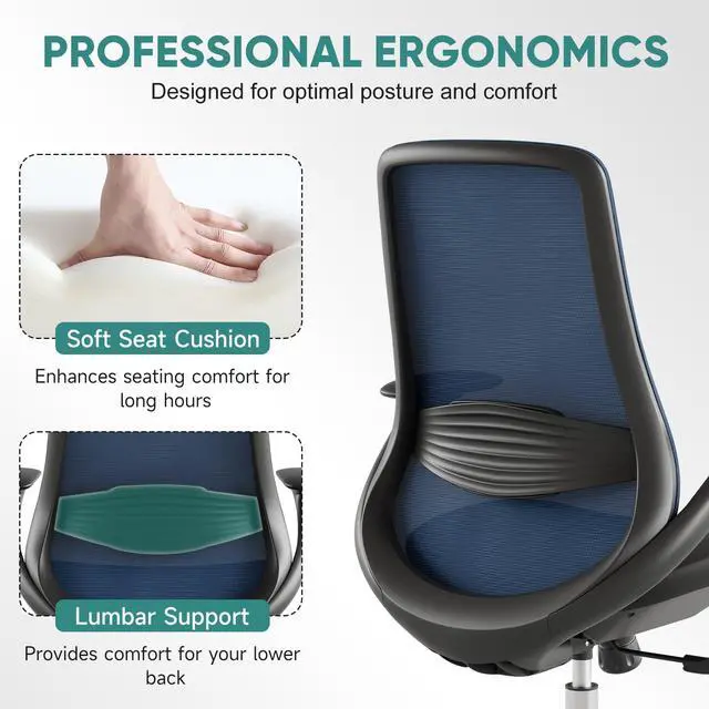 Alt view image 4 of 6 - Ergonomic Mesh Office Chair, 330LBS Executive Desk Chair with Lumbar Support, 2D Armrests, Comfy Swivel Computer Task Chairs for Long Hours (Blue)