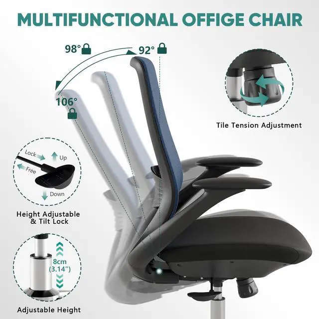Alt view image 5 of 6 - Ergonomic Mesh Office Chair, 330LBS Executive Desk Chair with Lumbar Support, 2D Armrests, Comfy Swivel Computer Task Chairs for Long Hours (Blue)