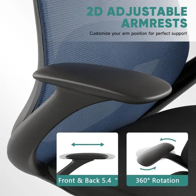 Alt view image 6 of 6 - Ergonomic Mesh Office Chair, 330LBS Executive Desk Chair with Lumbar Support, 2D Armrests, Comfy Swivel Computer Task Chairs for Long Hours (Blue)