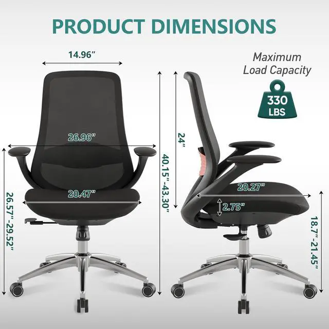 Alt view image 2 of 6 - Ergonomic Mesh Office Chair, 330LBS Executive Desk Chair with Lumbar Support, 2D Armrests, Comfy Swivel Computer Task Chairs for Long Hours (Black)