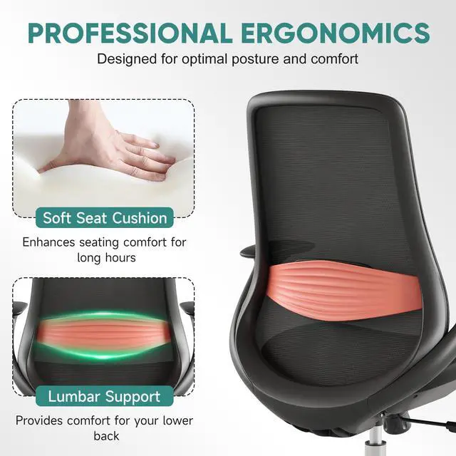 Alt view image 4 of 6 - Ergonomic Mesh Office Chair, 330LBS Executive Desk Chair with Lumbar Support, 2D Armrests, Comfy Swivel Computer Task Chairs for Long Hours (Black)