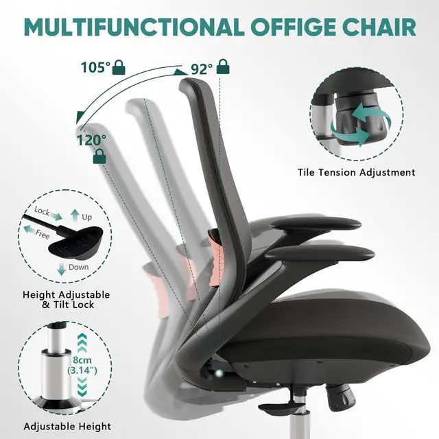 Alt view image 5 of 6 - Ergonomic Mesh Office Chair, 330LBS Executive Desk Chair with Lumbar Support, 2D Armrests, Comfy Swivel Computer Task Chairs for Long Hours (Black)