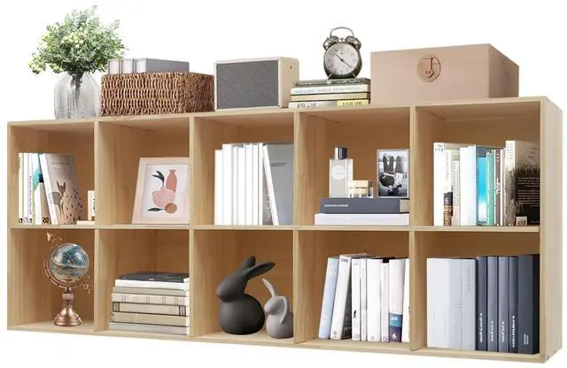 Main image of 10-Cube Solid Wood Storage Organizer Bookcase, Modern Floor Standing Bookshelf with 10 Compartments, Rectangular Shelf for Home Office, 59.06x11.81x23.62in, Wood Color
