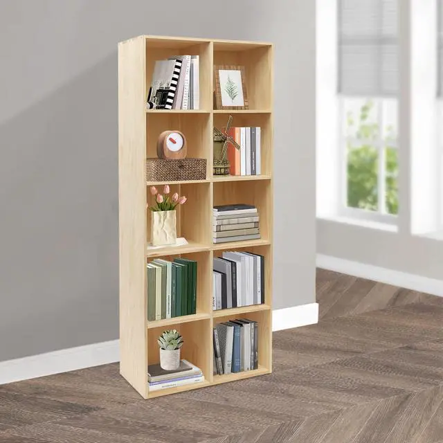 Alt view image 2 of 6 - 10-Cube Solid Wood Storage Organizer Bookcase, Modern Floor Standing Bookshelf with 10 Compartments, Rectangular Shelf for Home Office, 59.06x11.81x23.62in, Wood Color