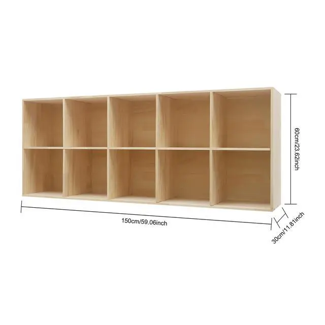 Alt view image 3 of 6 - 10-Cube Solid Wood Storage Organizer Bookcase, Modern Floor Standing Bookshelf with 10 Compartments, Rectangular Shelf for Home Office, 59.06x11.81x23.62in, Wood Color