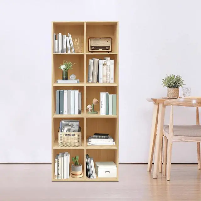 Alt view image 4 of 6 - 10-Cube Solid Wood Storage Organizer Bookcase, Modern Floor Standing Bookshelf with 10 Compartments, Rectangular Shelf for Home Office, 59.06x11.81x23.62in, Wood Color