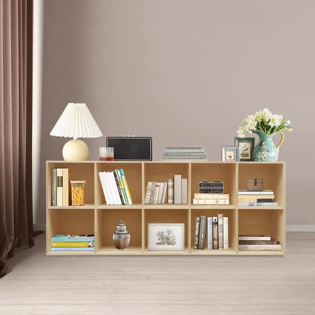 Alt view image 5 of 6 - 10-Cube Solid Wood Storage Organizer Bookcase, Modern Floor Standing Bookshelf with 10 Compartments, Rectangular Shelf for Home Office, 59.06x11.81x23.62in, Wood Color