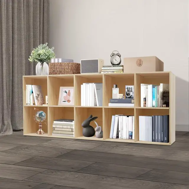 Alt view image 6 of 6 - 10-Cube Solid Wood Storage Organizer Bookcase, Modern Floor Standing Bookshelf with 10 Compartments, Rectangular Shelf for Home Office, 59.06x11.81x23.62in, Wood Color