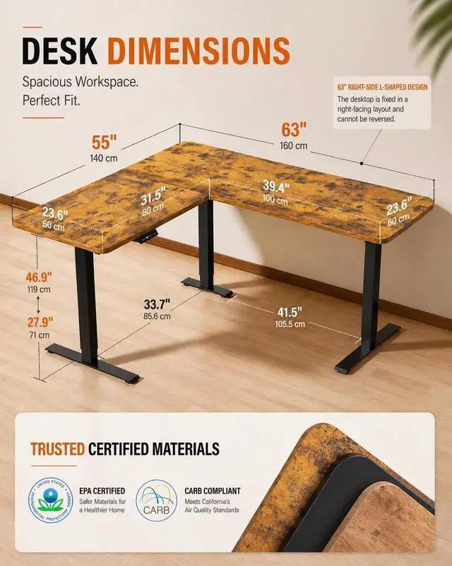 Alt view image 2 of 6 - L Shaped Standing Desk - 63" x 55" Electric Adjustable Height Desk with USB Ports, Large Sit Stand Corner Desk for Home Office & Gaming, Vintage Brown