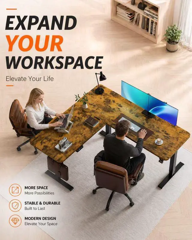 Alt view image 3 of 6 - L Shaped Standing Desk - 63" x 55" Electric Adjustable Height Desk with USB Ports, Large Sit Stand Corner Desk for Home Office & Gaming, Vintage Brown