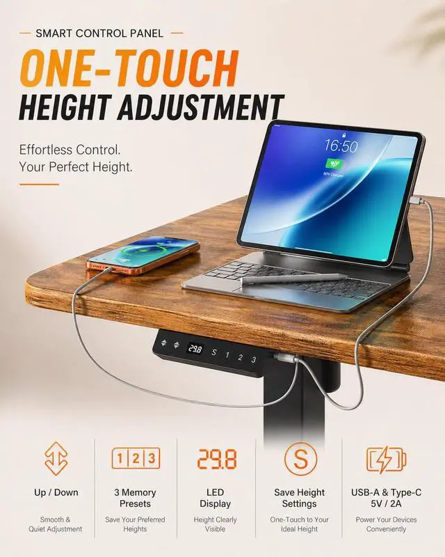 Alt view image 5 of 6 - L Shaped Standing Desk - 63" x 55" Electric Adjustable Height Desk with USB Ports, Large Sit Stand Corner Desk for Home Office & Gaming, Vintage Brown