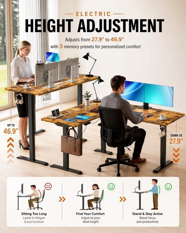 Alt view image 6 of 6 - L Shaped Standing Desk - 63" x 55" Electric Adjustable Height Desk with USB Ports, Large Sit Stand Corner Desk for Home Office & Gaming, Vintage Brown