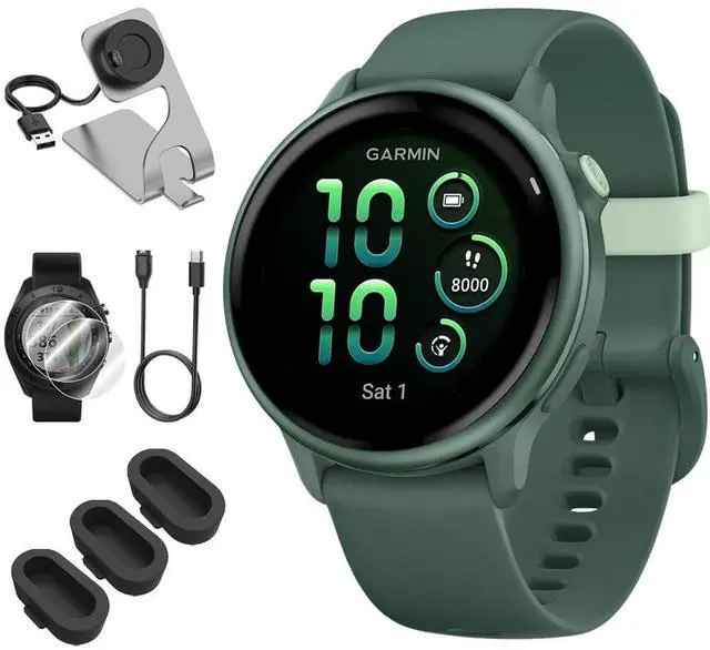 Main image of vivoactive 6, Health and Fitness GPS Smartwatch, AMOLED Display, Up to 11 Days of Battery, Jasper Green with Silicone Band, 010-02985-02 - Bundle w/Deco Essentials Dock & USB-C Charger