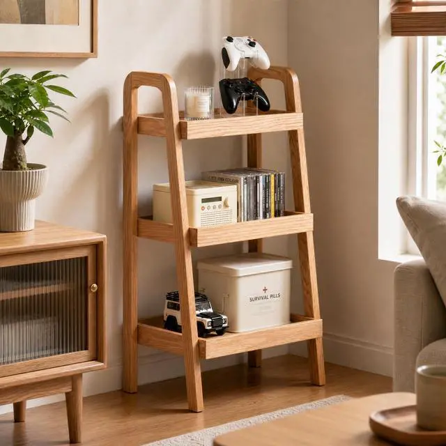 Main image of Solid Oak 3-Tier Ladder Bookshelf Narrow Freestanding Shelf with Natural Finish, Space-Saving Storage for Living Room, Bedroom & Small Spaces