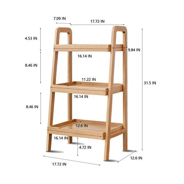 Alt view image 2 of 6 - Solid Oak 3-Tier Ladder Bookshelf Narrow Freestanding Shelf with Natural Finish, Space-Saving Storage for Living Room, Bedroom & Small Spaces