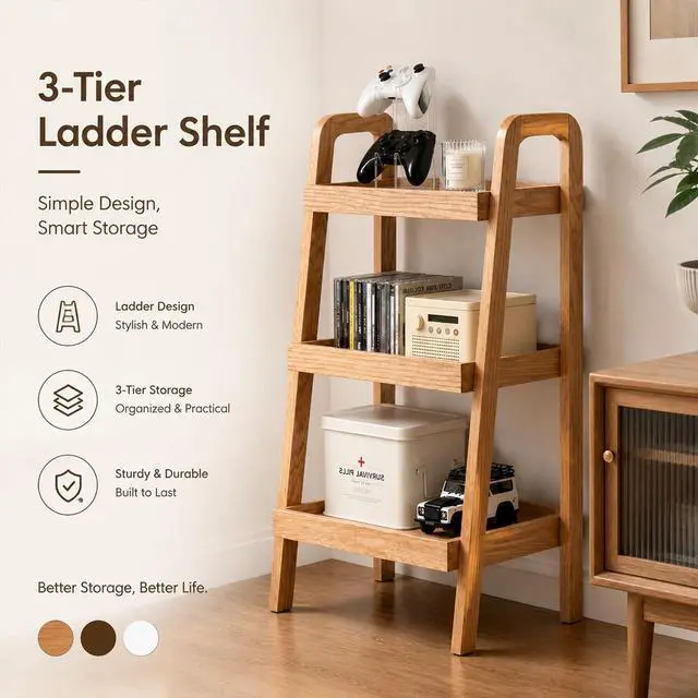 Alt view image 3 of 6 - Solid Oak 3-Tier Ladder Bookshelf Narrow Freestanding Shelf with Natural Finish, Space-Saving Storage for Living Room, Bedroom & Small Spaces