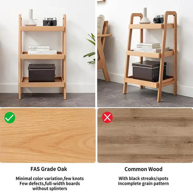 Alt view image 5 of 6 - Solid Oak 3-Tier Ladder Bookshelf Narrow Freestanding Shelf with Natural Finish, Space-Saving Storage for Living Room, Bedroom & Small Spaces
