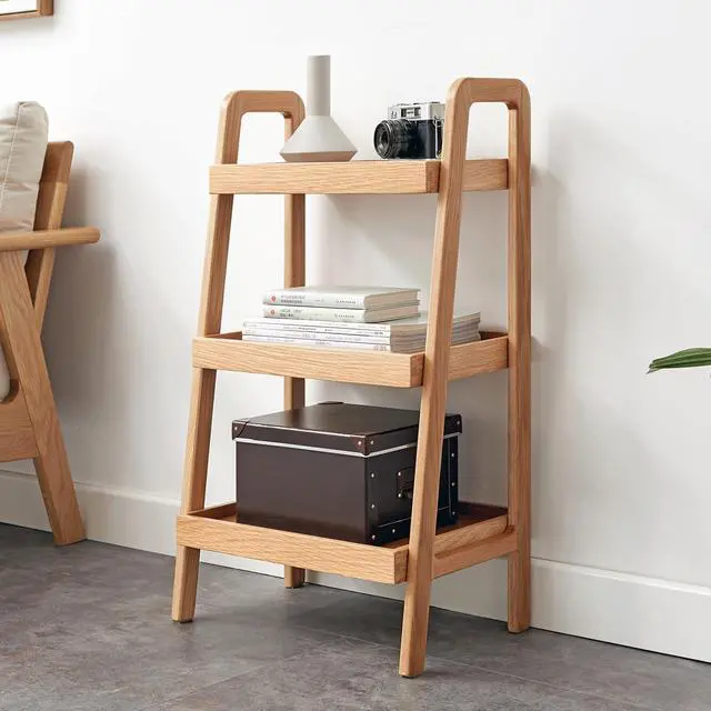 Alt view image 6 of 6 - Solid Oak 3-Tier Ladder Bookshelf Narrow Freestanding Shelf with Natural Finish, Space-Saving Storage for Living Room, Bedroom & Small Spaces