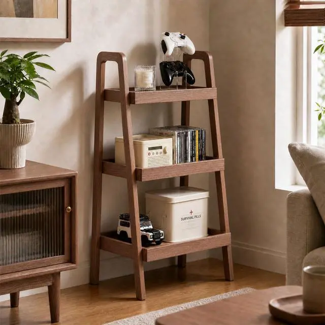 Main image of Walnut Finish 3 Tier Ladder Shelf, Solid Oak Wood Bookshelf with A-Frame, Narrow Freestanding Storage Unit for Living Room, Bedroom, Entryway, Small Spaces (17.7" W x 31.5" H)