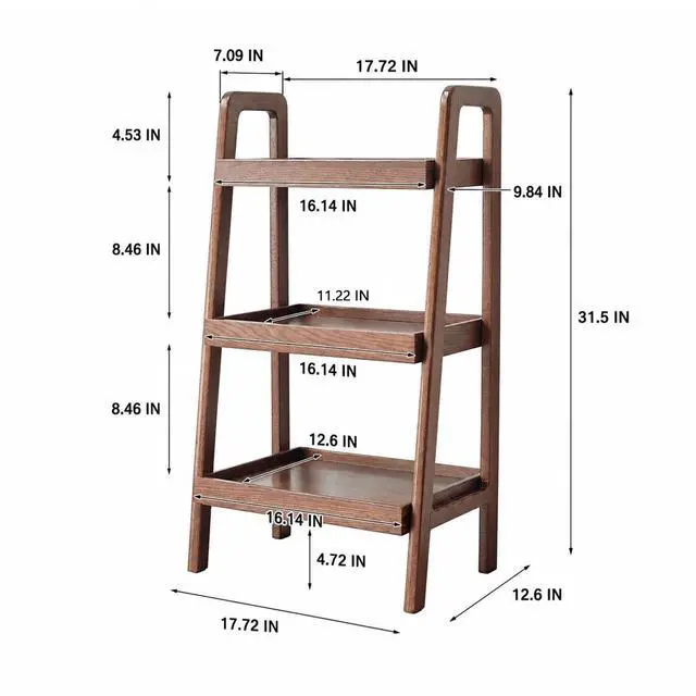 Alt view image 2 of 6 - Walnut Finish 3 Tier Ladder Shelf, Solid Oak Wood Bookshelf with A-Frame, Narrow Freestanding Storage Unit for Living Room, Bedroom, Entryway, Small Spaces (17.7" W x 31.5" H)