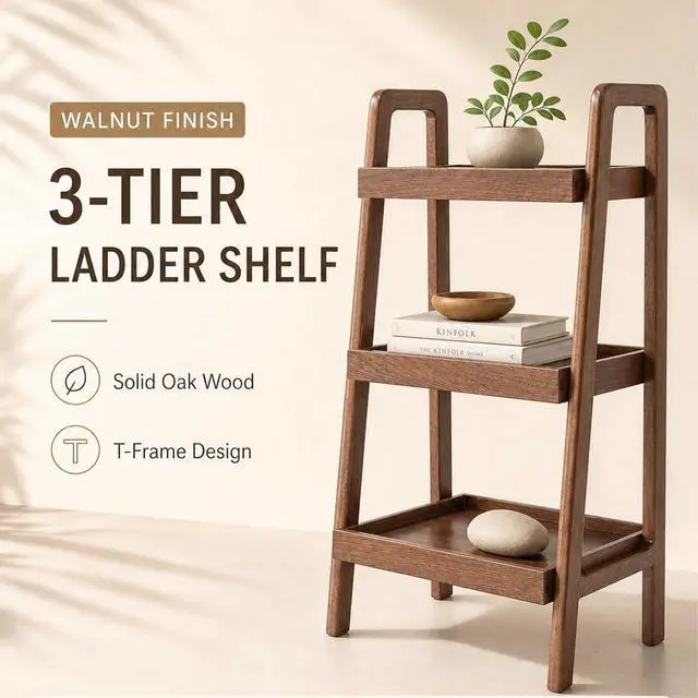 Alt view image 4 of 6 - Walnut Finish 3 Tier Ladder Shelf, Solid Oak Wood Bookshelf with A-Frame, Narrow Freestanding Storage Unit for Living Room, Bedroom, Entryway, Small Spaces (17.7" W x 31.5" H)