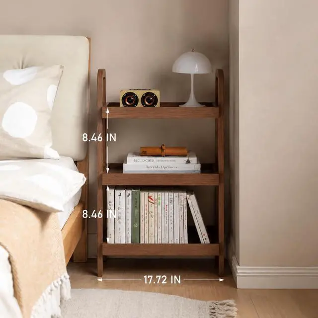 Alt view image 5 of 6 - Walnut Finish 3 Tier Ladder Shelf, Solid Oak Wood Bookshelf with A-Frame, Narrow Freestanding Storage Unit for Living Room, Bedroom, Entryway, Small Spaces (17.7" W x 31.5" H)