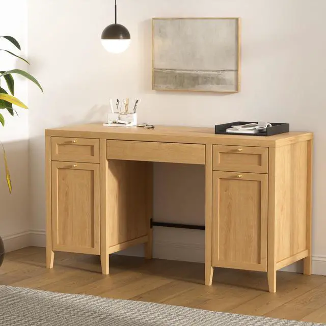 Main image of 52" Executive Desk with Storage Drawer, Farmhouse Home Office Desk with Storage Cabinet Wood Computer Writing Desk for Study Office, Natural Oak