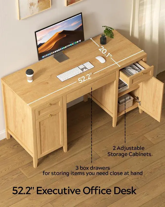 Alt view image 3 of 6 - 52" Executive Desk with Storage Drawer, Farmhouse Home Office Desk with Storage Cabinet Wood Computer Writing Desk for Study Office, Natural Oak