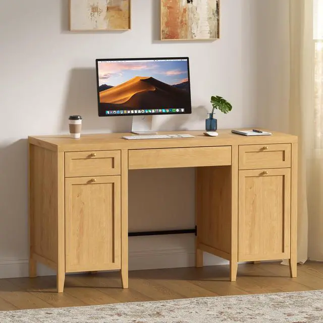 Alt view image 5 of 6 - 52" Executive Desk with Storage Drawer, Farmhouse Home Office Desk with Storage Cabinet Wood Computer Writing Desk for Study Office, Natural Oak
