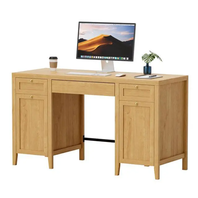 Alt view image 6 of 6 - 52" Executive Desk with Storage Drawer, Farmhouse Home Office Desk with Storage Cabinet Wood Computer Writing Desk for Study Office, Natural Oak