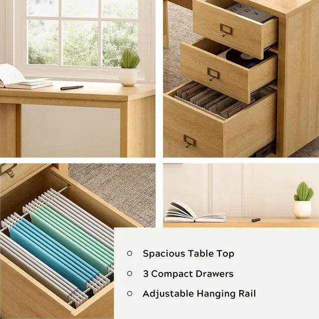 Alt view image 3 of 6 - 47" Executive Desk with File Drawer, Farmhouse Home Office Desk with Storage Drawer Wood Computer Writing Desk for Study Office, Natural Oak