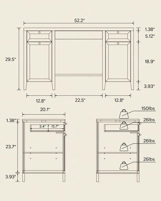 Alt view image 2 of 6 - 52" Executive Desk with Storage Drawer, Farmhouse Home Office Desk with Storage Cabinet Wood Computer Writing Desk for Study Office, Light Oak