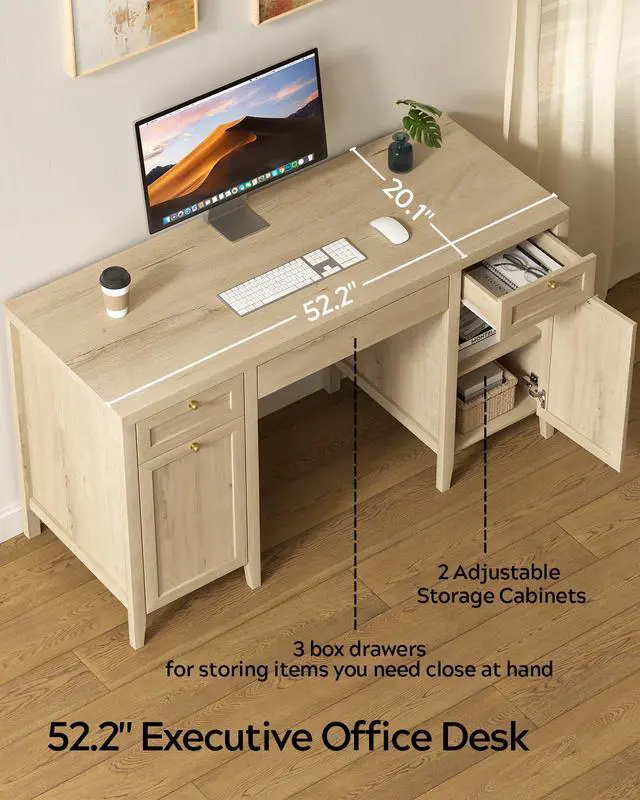 Alt view image 3 of 6 - 52" Executive Desk with Storage Drawer, Farmhouse Home Office Desk with Storage Cabinet Wood Computer Writing Desk for Study Office, Light Oak