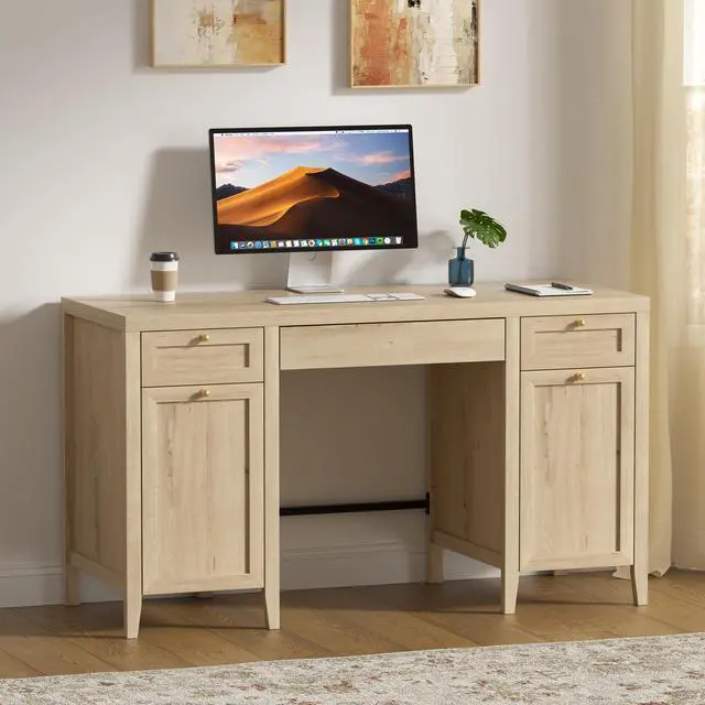 Alt view image 5 of 6 - 52" Executive Desk with Storage Drawer, Farmhouse Home Office Desk with Storage Cabinet Wood Computer Writing Desk for Study Office, Light Oak