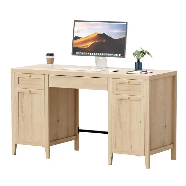 Alt view image 6 of 6 - 52" Executive Desk with Storage Drawer, Farmhouse Home Office Desk with Storage Cabinet Wood Computer Writing Desk for Study Office, Light Oak