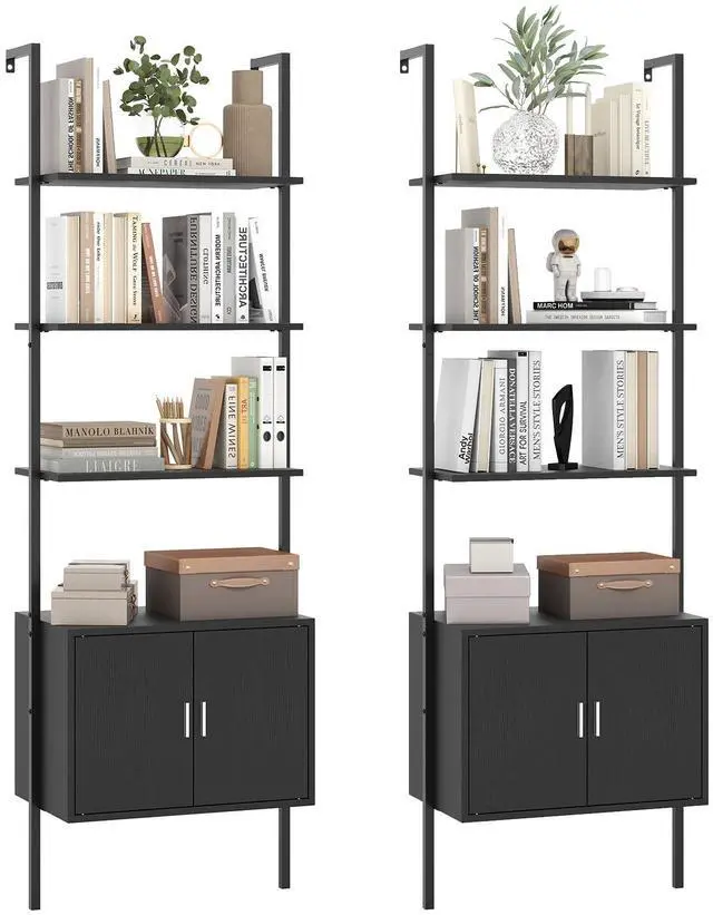 Main image of 72.5 Tall Bookshelf, 5 Tier Wall Mount Ladder Bookcase with Cabinet, Anti-Tipping Kits & Metal Frame, Open Storage Display Rack for Living Room & Home Office (2, Black)