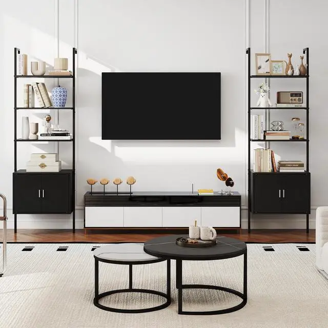 Alt view image 2 of 6 - 72.5 Tall Bookshelf, 5 Tier Wall Mount Ladder Bookcase with Cabinet, Anti-Tipping Kits & Metal Frame, Open Storage Display Rack for Living Room & Home Office (2, Black)