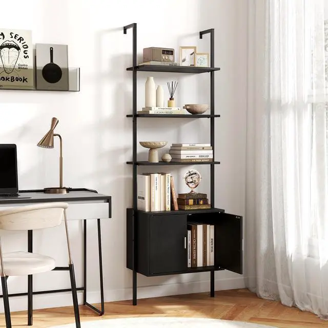 Alt view image 4 of 6 - 72.5 Tall Bookshelf, 5 Tier Wall Mount Ladder Bookcase with Cabinet, Anti-Tipping Kits & Metal Frame, Open Storage Display Rack for Living Room & Home Office (2, Black)