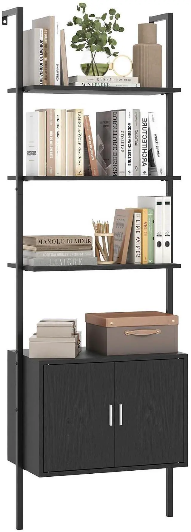 Main image of 72.5 Tall Bookshelf, 5 Tier Wall Mount Ladder Bookcase with Cabinet, Anti-Tipping Kits & Metal Frame, Open Storage Display Rack for Living Room & Home Office (1, Black)