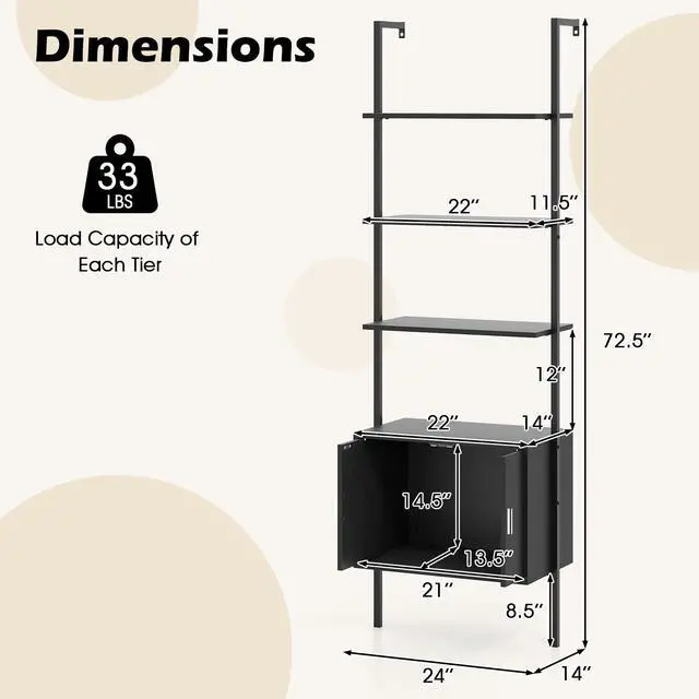 Alt view image 3 of 6 - 72.5 Tall Bookshelf, 5 Tier Wall Mount Ladder Bookcase with Cabinet, Anti-Tipping Kits & Metal Frame, Open Storage Display Rack for Living Room & Home Office (1, Black)