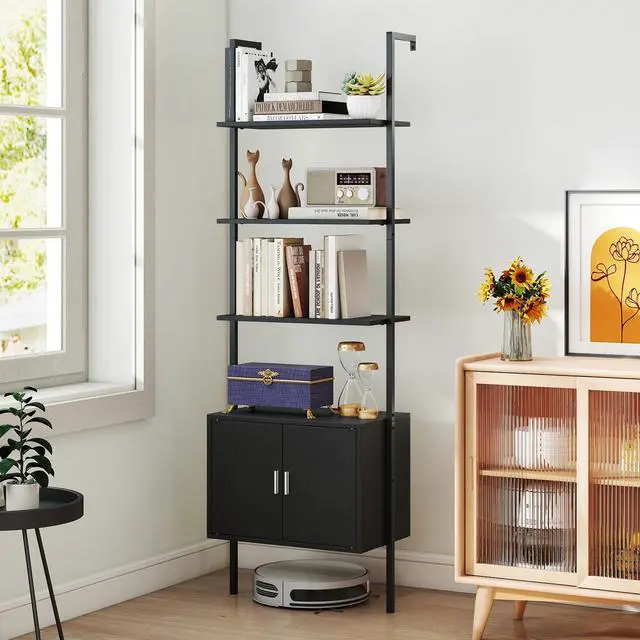 Alt view image 4 of 6 - 72.5 Tall Bookshelf, 5 Tier Wall Mount Ladder Bookcase with Cabinet, Anti-Tipping Kits & Metal Frame, Open Storage Display Rack for Living Room & Home Office (1, Black)