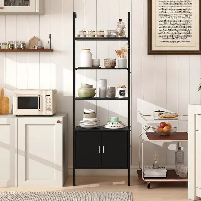 Alt view image 5 of 6 - 72.5 Tall Bookshelf, 5 Tier Wall Mount Ladder Bookcase with Cabinet, Anti-Tipping Kits & Metal Frame, Open Storage Display Rack for Living Room & Home Office (1, Black)