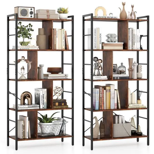 Main image of 5-Tier Tall Bookshelves Set of 2, 61" Industrial Bookcase w/Metal Frame, Storage Organizer w/Anti-toppling Kits, Display Rack Shelving Unit for Living Room, Home Office, Rustic Brown