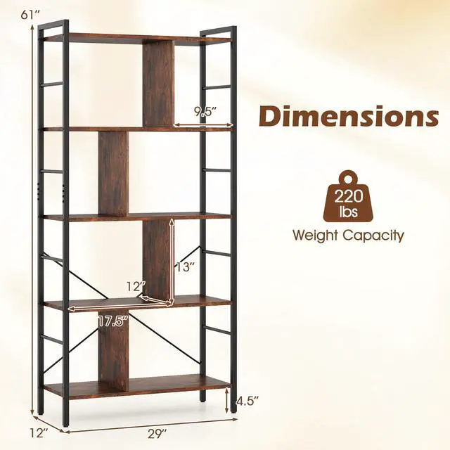 Alt view image 3 of 6 - 5-Tier Tall Bookshelves Set of 2, 61" Industrial Bookcase w/Metal Frame, Storage Organizer w/Anti-toppling Kits, Display Rack Shelving Unit for Living Room, Home Office, Rustic Brown