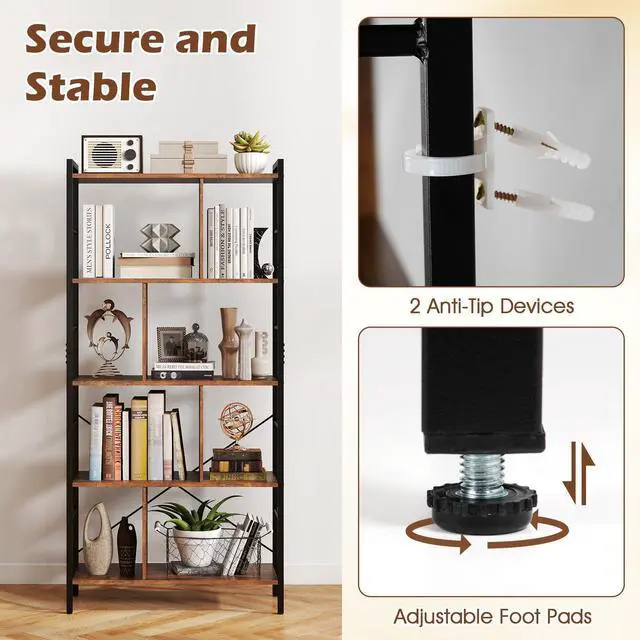 Alt view image 4 of 6 - 5-Tier Tall Bookshelves Set of 2, 61" Industrial Bookcase w/Metal Frame, Storage Organizer w/Anti-toppling Kits, Display Rack Shelving Unit for Living Room, Home Office, Rustic Brown